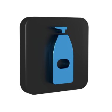 Şeffaf arkaplanda izole edilmiş şeker ikonu olan mavi bir şişe antibakteriyel sabun. Antiseptik. Dezenfeksiyon, hijyen, cilt bakımı. Siyah kare düğmesi..