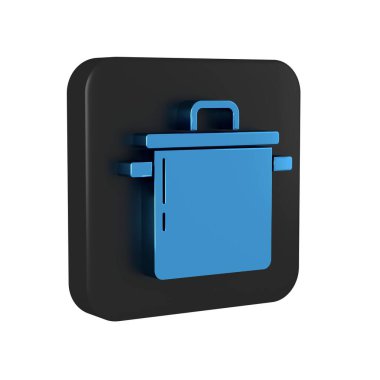 Şeffaf arkaplanda mavi tencere simgesi izole edildi. Haşlama ya da güveç besin sembolü. Siyah kare düğmesi..