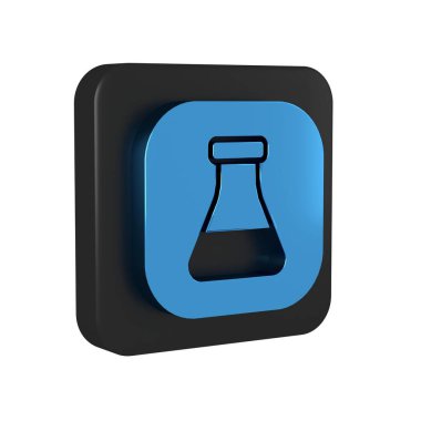 Mavi test tüpü ve kimyasal test ikonu şeffaf arkaplanda izole edilmiş. Laboratuvar cam levhası. Siyah kare düğmesi. .