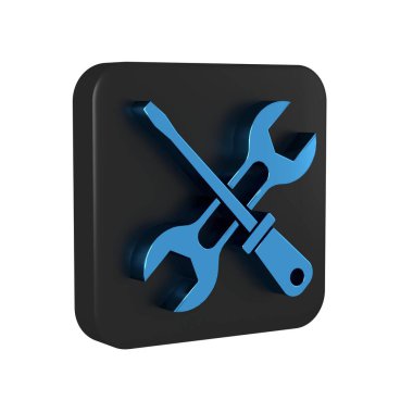 Mavi tornavida ve ingiliz anahtarı anahtar simgesi şeffaf arkaplanda izole edildi. Servis aracı sembolü. Siyah kare düğmesi. .