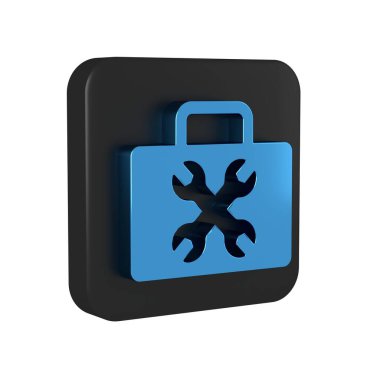 Mavi Araç Kutusu simgesi şeffaf arkaplanda izole edildi. Alet kutusu tabelası. Siyah kare düğmesi. .