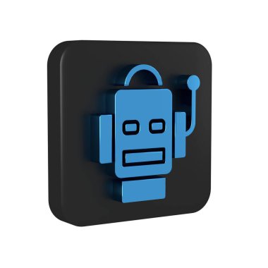 Mavi Robot simgesi şeffaf arkaplanda izole edildi. Yapay zeka, makine öğrenme, bulut hesaplama. Siyah kare düğmesi. .
