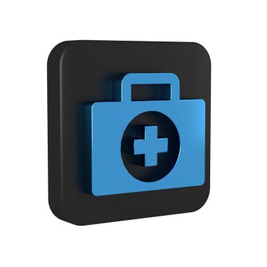 Mavi ilk yardım çantası simgesi şeffaf arkaplanda izole edildi. Haçlı sağlık kutusu. Acil durumlar için tıbbi ekipman. Sağlık sigortası konsepti. Siyah kare düğmesi. .