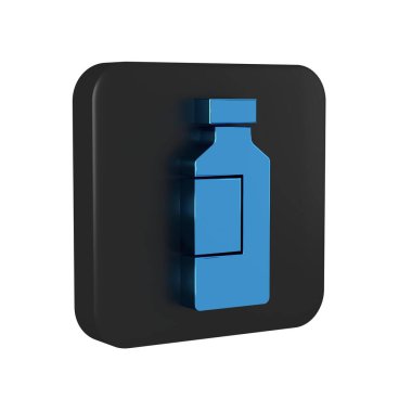 Şeffaf arkaplanda izole edilmiş mavi bir su ikonu şişesi. Soda su içme tabelası. Siyah kare düğmesi. .