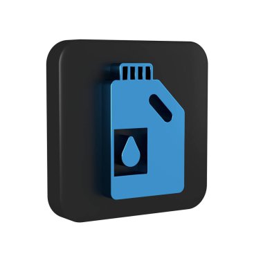 Motor makine yağı ikonu için mavi kutu şeffaf arkaplanda izole edildi. Benzin bidonu. Yağ değiştirme ve onarım servisi. Motor yağı işareti. Siyah kare düğmesi. .