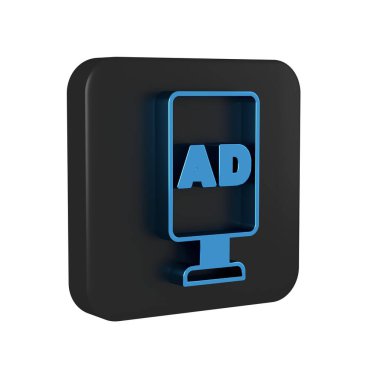 Mavi Reklam simgesi şeffaf arkaplanda izole edildi. Pazarlama ve tanıtım süreci kavramı. İlgili reklamlar. Sosyal medya reklamcılığı. Siyah kare düğmesi. .
