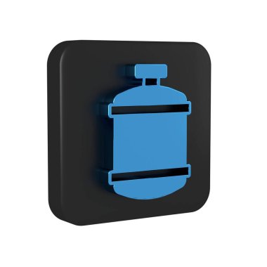 Mavi propan gaz tankı ikonu şeffaf arkaplanda izole edildi. Yanabilir benzin deposu ikonu. Siyah kare düğmesi..
