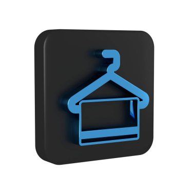 Askıdaki mavi havlu simgesi şeffaf arkaplanda izole edildi. Banyo havlusu ikonu. Siyah kare düğmesi..