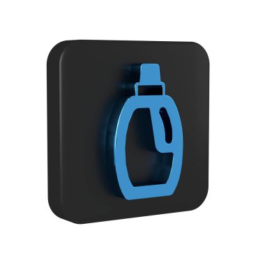 Çamaşır deterjanı, çamaşır suyu, bulaşık deterjanı ya da şeffaf arkaplanda izole edilmiş başka bir temizlik malzemesi için mavi plastik şişe. Siyah kare düğmesi..