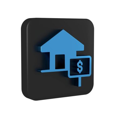 Şeffaf arkaplanda dolar sembolü olan Mavi Saray. Ev ve para. Emlak konsepti. Siyah kare düğmesi..