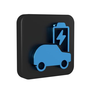 Mavi elektrikli araba ve elektrik kablosu şarj ikonu şeffaf arka planda izole edildi. Yenilenebilir ekolojik teknolojiler. Siyah kare düğmesi..