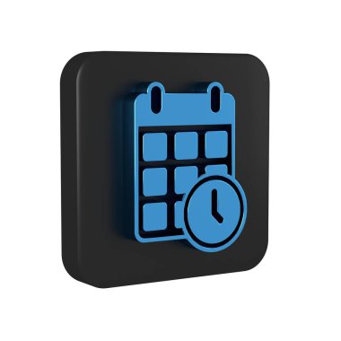 Mavi karton karton kutu ve hızlı teslimat simgesi şeffaf arkaplanda izole edildi. Kutu, paket, paket işareti. Teslimat ve ambalaj. Siyah kare düğmesi..