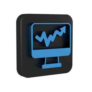 Saydam arkaplanda izole edilmiş grafik çizelgesi simgesi olan mavi bilgisayar monitörü. Metin dosya simgesini rapor et. Muhasebe tabelası. Denetim, analiz, planlama. Siyah kare düğmesi..