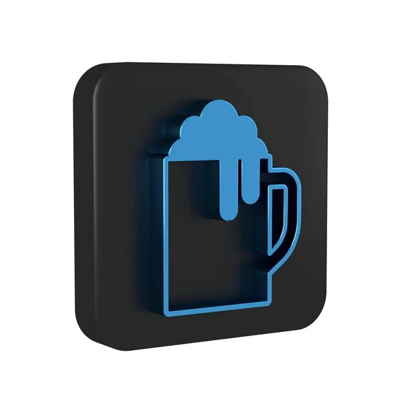 Blue Wooden beer mug icon isolated on transparent background. Black square button. .