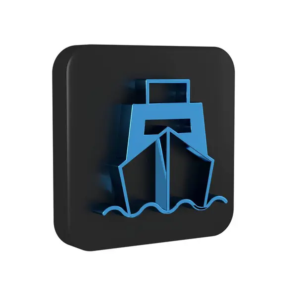 Blue Cargo ship with boxes delivery service icon isolated on transparent background. Delivery, transportation. Freighter with parcels, boxes, goods. Black square button..