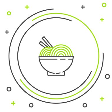 Tabaktaki Asya erişteleri ve beyaz arka planda izole edilmiş yemek çubukları. Sokak yemeği. Kore, Japon, Çin yemekleri. Renkli taslak konsepti. Vektör.