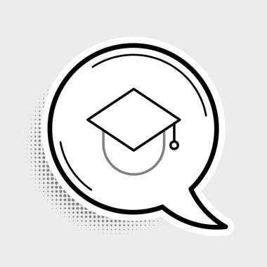 Küresel simge üzerindeki çizgi mezuniyet kapağı gri arka planda izole edildi. Dünya eğitim sembolü. Çevrimiçi öğrenme ya da e-öğrenme kavramı. Renkli taslak konsepti. Vektör.