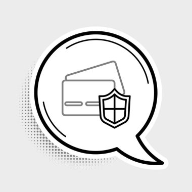 Gri arkaplanda kalkan simgesi olan çizgi kredi kartı. Çevrimiçi ödeme. Nakit çekilmesi. Finansal operasyonlar. Alışveriş tabelası. Renkli taslak konsepti. Vektör