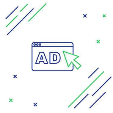 Satır Reklam simgesi beyaz arkaplanda izole edildi. Pazarlama ve tanıtım süreci kavramı. İlgili reklamlar. Sosyal medya reklamcılığı. Renkli taslak konsepti. Vektör