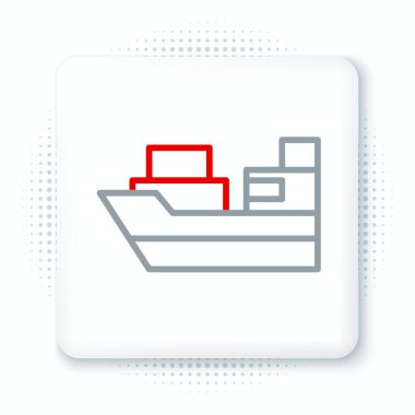 Beyaz arkaplanda kutucuk servis simgesine sahip çizgi kargo gemisi. Teslimat, ulaşım. Paketleri, kutuları, malları olan bir şilep. Renkli taslak konsepti. Vektör