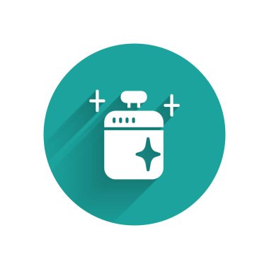 Beyaz Temiz tencere ikonu uzun gölgeli izole edilmiş. Haşlama ya da güveç besin sembolü. Yeşil daire düğmesi. Vektör.