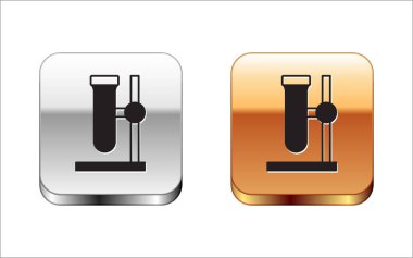 Beyaz arka planda siyah cam test tüpü ikonu izole edildi. Laboratuvar ekipmanları. Gümüş ve altın kare düğmeler. Vektör