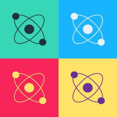 Pop Art Atom simgesi renk arkaplanında izole edildi. Bilimin, eğitimin, nükleer fiziğin, bilimsel araştırmaların sembolü. Vektör