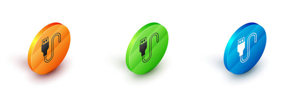 Изометрический USB кабель значок изолирован на белом фоне. Разъемы и розетки для ПК и мобильных устройств. Круглая кнопка. Вектор