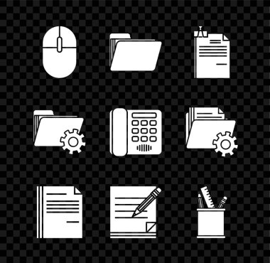 Bilgisayar faresi, Belge dizini, Dosya belgesi ve klasör klipsi, Silgi, Kalem kutusu kırtasiyesi, Dizin ayarları dişlileri ve Telefon simgesi ile boş not defteri kalemini ayarla. Vektör