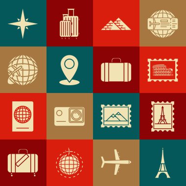 Eyfel Kulesi, Posta pulu, Kolezyum, Mısır piramitleri, Harita iğnesi, uçan uçakla Dünya, Seyahat ikonu için Rüzgar gülü ve Bavul. Vektör
