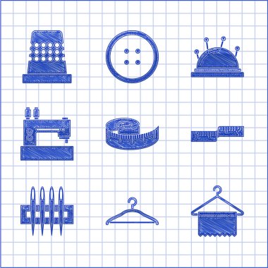 Bant ölçüsü, elbise askısı dikiş makinesi, dikiş makinesi, yatak ve iğne ve yüksük ikonu. Vektör