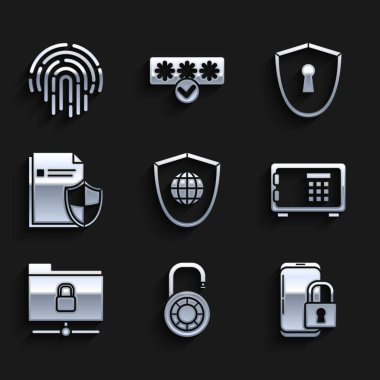 Shield uygulamasını dünya çapında güvenli kilit kilidi olan Smartphone kapalı asma kilitli FTP klasörü ve Doküman koruma konsepti anahtar deliği ve parmak izi simgesi ile ayarla. Vektör.