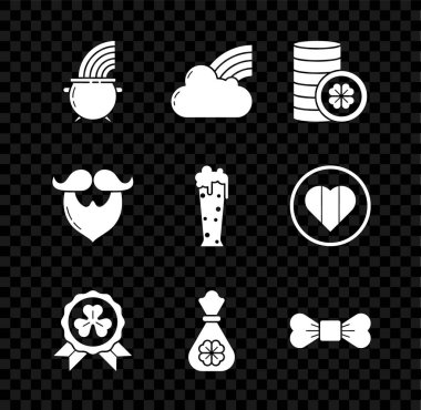 Cadı kazanı ve gökkuşağı, bulutlu Gökkuşağı, dört yapraklı altın sikke yoncası, Madalya, para çantası, papyon, bıyık sakalı ve bira ikonu. Vektör