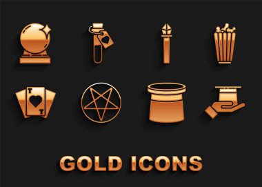 Pentagram 'ı daire içine al, patlamış mısır kutusu, sihirbaz şapkası eli, iskambil kağıdı, asa, top ve aşk ikonu şişesi. Vektör