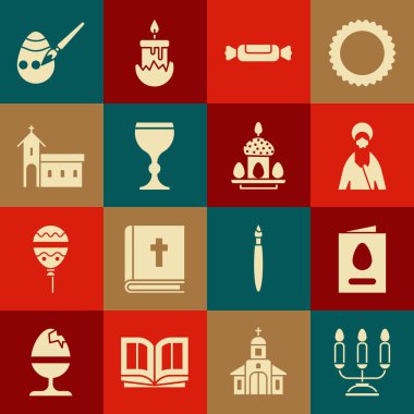 Şamdanlı şamdan, tebrik kartı, Mutlu Paskalyalar, İsa Mesih, Şeker, şarap kadehi, kilise binası, yumurta fırçası ve kek yumurta ikonu. Vektör