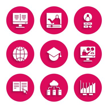 Dünya, Bulut ya da çevrimiçi kütüphane, pasta grafiği bilgileri, çevrimiçi eğitim, kitap, sosyal ağ, hesap ekranı ve izleme simgesi oluşturun. Vektör