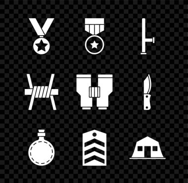 Askeri ödül madalyası, polis lastik copu, kantin su şişesi, sembol, kışla, dikenli tel ve dürbün ikonu. Vektör