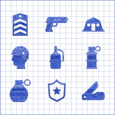 El bombası, askeri ödül madalyası, İsviçre çakısı, duman, asker, kışla ve sembol. Vektör