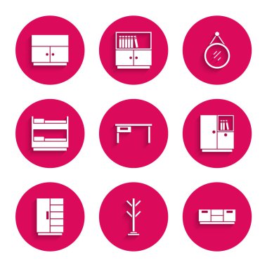 Ofis masası, vestiyer, mobilya sehpası, gardırop, ranza, ayna ve ikon. Vektör