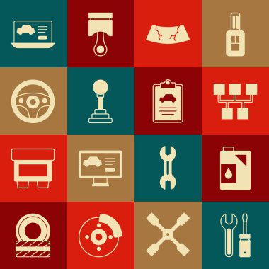 Tornavida ve ingiliz anahtarı ayarlayın, motor yağı için teneke kutu, vites kolu, kırık ön cam, direksiyon, arabanın tanısal durumu ve araba denetleme ikonu. Vektör