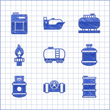 Petrol deposu, metal borular ve valf, varil yağı, propan gazı tankı, motor ikon için yangın, depolama ve teneke kutuları ayarlayın. Vektör