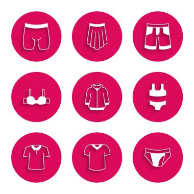 Kapüşonlu, tişörtlü, erkek donu, mayo, gömlek, sutyen, kısa ya da bisiklet şortu ikonu. Vektör