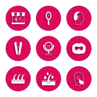 El aynası, saç bakımı yağı, bıyık sakalı, insan folikülü, saç maşası, kellik ve berber dükkanı ikonu. Vektör