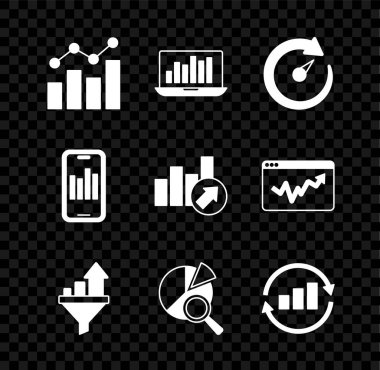 Finansal büyümeyi ayarla, grafik grafikli dizüstü bilgisayar, dijital hız ölçer, satış hunisi, arama veri analizi, grafik bilgisi, mobil ve simge. Vektör
