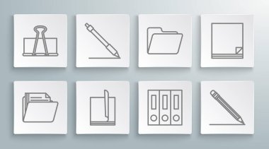 Satır Belge dizini, kalem satırı, Dosya belgesi, kağıt ve belgeli ofis klasörleri, kalem silgisi ve cilt klipsi simgesini ayarla. Vektör