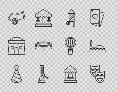 Set Parti şapkası, komedi tiyatrosu maskeleri, Havai fişek roketi, çekiç, top, trambolin, bilet gişesi ve çarpışan araba ikonu. Vektör