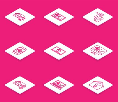 Hat, akıllı ev ve alarm, kablosuz kablosuz kablosuz kilit, kilit, ampul, bilgisayar monitörü, ev sıcaklığı ve ikonu olan akıllı bir ev, dijital kapı kilidi olan laptop. Vektör