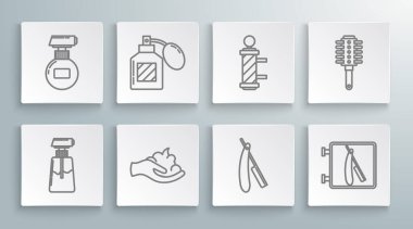 Krem ya da losyon kozmetik tüpü tıraş losyonu tıraş losyonu, tıraş köpüğü el, tıraş köpüğü, tıraş makinesi, berber dükkanı, klasik direk, saç fırçası ve ikon. Vektör