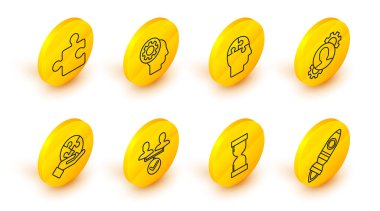 Ateşli bir roket gemisi, eski kum saati, Proje ekibi üssü, yapboz el parçası, insan teçhizatı, kafa bulmacası stratejisi ve ikon. Vektör