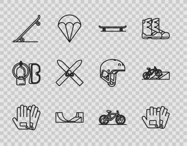 Çizgi çizgisi, kaykay, park, kayak ve sopalar, bisiklet ve sokak rampası ikonu. Vektör